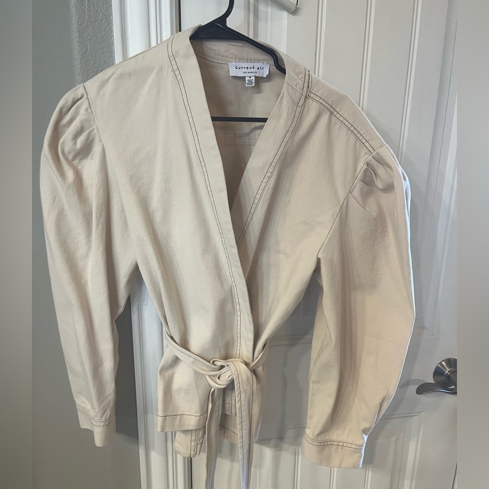 Denim light tan wrap jacket.